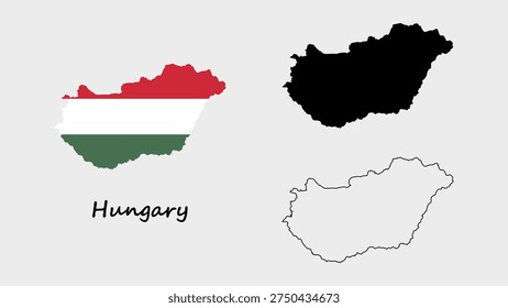 Hungary map set. Hungary map vector on flag, silhouette, and outline. Flag map of Hungary on gray background