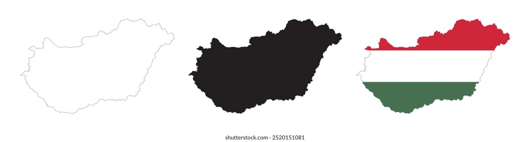Mapa de Hungría en varios estilos de contorno, icono, color negro, borde, colores de la bandera. Colección de iconos de país de Europa. Ilustración vectorial