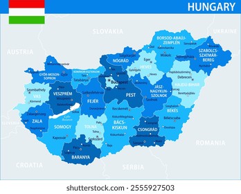 Hungary Map Vector Blue Spot - Customizable layered political map of Hungary with administrative divisions for website, education, reports, news, politics, print, poster and wallpaper