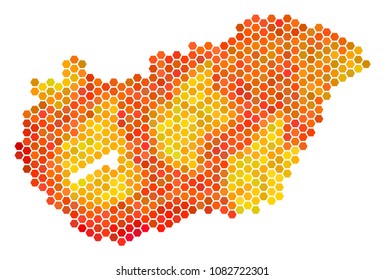 Hungary map. Vector hexagonal geographic map using bright orange color shades. Abstract Hungary map collage is formed of burn honeycomb elements.