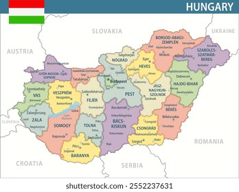 Hungría Mapa Vector Nuevo 2024 Colorido - Mapa político en capas personalizable de Hungría con divisiones administrativas para Sitio web, educación, informes, noticias, política, impresión, póster y Fondo de pantalla