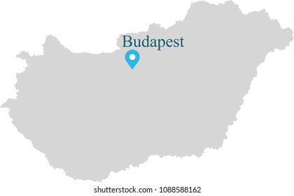 Hungary map vector outline illustration with capital location, Budapest, in gray background. Highly detailed accurate map of Hungary prepared by a map expert.