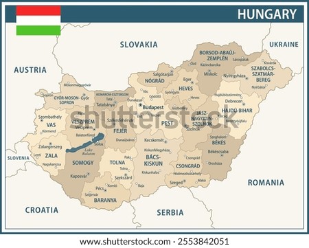 Hungary Map Vector Vintage Dark Blue Beige - Customizable layered political map of Hungary with administrative divisions for website, education, reports, news, politics, print, poster and wallpaper