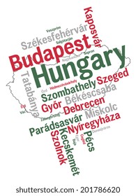 Hungary map and words cloud with larger cities