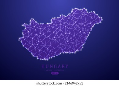 Ungarische Karte - Weltkarte, internationale Vektorvorlage mit violetter Mash-Linie, Punktwaage und Polygon-Stil einzeln auf violettem Hintergrund - Vektorgrafik eps10