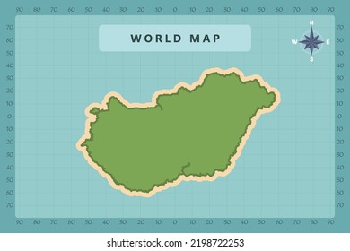 Ungarische Karte - Weltkarte Internationale Vektorvorlage Hoch detailliert mit grüner und cremefarbener Farbe einzeln auf blauem Hintergrund einschließlich Compass Rose Symbol - Vektorgrafik eps10