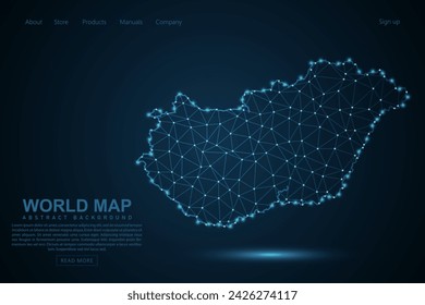 Hungary Map - World Map mash line and point scales on blue technology background. Wire Frame 3D mesh polygonal network line, design sphere, dot and structure - Vector illustration eps 10