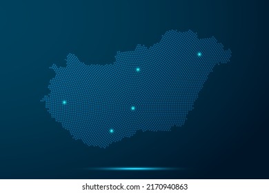 Hungary Map - World Map vector template with dots, grid, grunge, halftone style and light, network line, design sphere on blue technology background -  Vector illustration eps 10