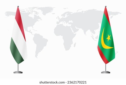 Hungary and Mauritania flags for official meeting against background of world map.