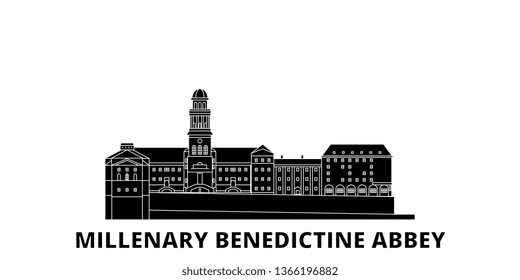 Hungary, Millenary Benedictine Abbey flat travel skyline set. Hungary, Millenary Benedictine Abbey black city vector illustration, symbol, travel sights, landmarks.