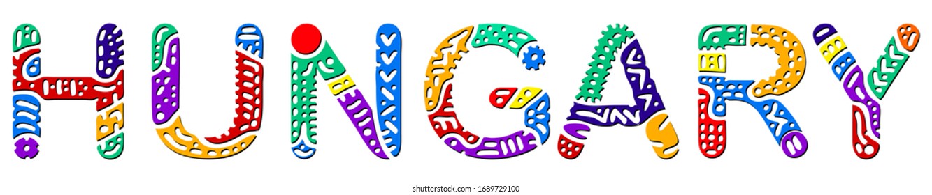 Hungría. Inscripción de aislamiento de contraste brillante multicolor. Cuadros coloreados con letras doodle. Vanuatu para imprimir en ropa, pantalones, souvenir, folleto, pancarta, volante, tarjeta, bolsa. Imagen vectorial de material.