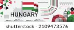 Hungary national day banner design. Hungarian flag and map theme with Budapest landmark background. Abstract geometric retro shapes of red and green color. Vector illustration. 