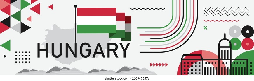 Hungary national day banner design. Hungarian flag and map theme with Budapest landmark background. Abstract geometric retro shapes of red and green color. Vector illustration. 
