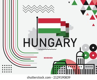 Ungarisches Tagesbanner-Design. Ungarisches Fahn- und Kartenthema mit Budapester Wahrzeichen. Abstrakte geometrische Retroformen in Rot-Weiß-Grün. Vektorgrafik. 