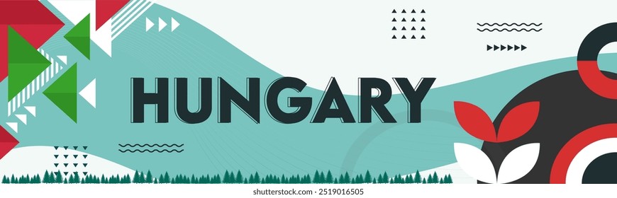 Ungarn National Day Banner Design. Hintergrund des ungarischen Flaggenthemas. Abstrakte geometrische Retro-Formen von roter und grüner Farbe. Vektorgrafik.