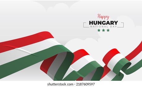 Hungary National Day greeting banner with waving national flag on white cloud vector illustration