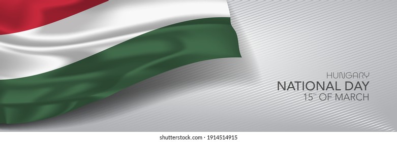 Hungary national day vector banner, greeting card. Hungarian wavy flag in 15th of March national patriotic holiday horizontal design