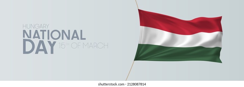 Hungary national day vector banner, greeting card. Hungarian wavy flag in 15th of March national patriotic holiday horizontal design