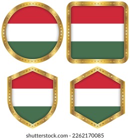 Hungary National Flag Collection Set of Circular, Square, Shield, Hexagon Gold Border Logo Button Icon Vector Design Isolated on White Background