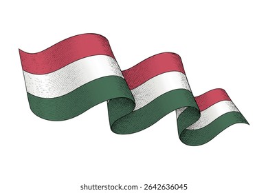 Hungary national flag waving ribbon shape with engraved vintage texture
