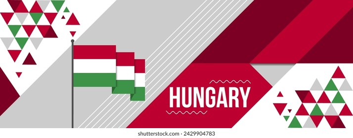 Hungary national or independence day banner for country celebration. Hungarian Flag Modern retro design with typorgaphy abstract geometric icons. Vector illustration.