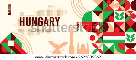 Hungary  national vector banner featuring the flag, dotted map, landmarks, and geometric pattern design
