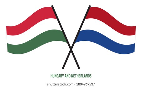 Hungary and Netherlands Flags Crossed And Waving Flat Style. Official Proportion. Correct Colors.