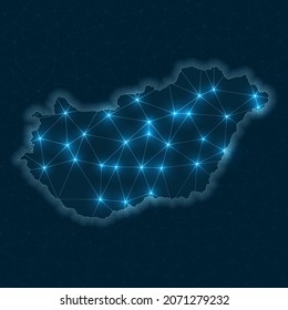 Hungary network map. Abstract geometric map of the country. Digital connections and telecommunication design. Glowing internet network. Classy vector illustration.