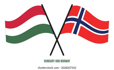 Hungary and Norway Flags Crossed And Waving Flat Style. Official Proportion. Correct Colors.