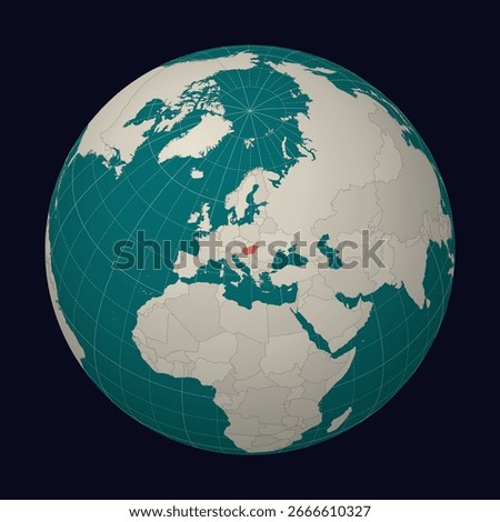 Hungary on the map. Globe centered to Hungary. Country location on the world map. Teal Pale Mint color palette. Globe with countries, meridians and parallels. Creative vector illustration.