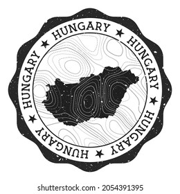 Hungary outdoor stamp. Round sticker with map of country with topographic isolines. Vector illustration. Can be used as insignia, logotype, label, sticker or badge of the Hungary.