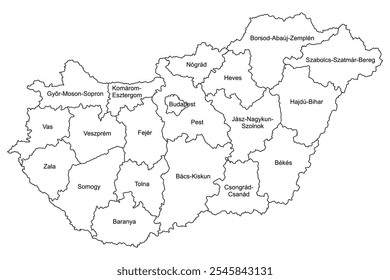 Hungary Outline Map with Regional Boundaries and Names, Editable Scalable Vector Illustration, Isolated on White Background