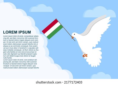 Hungary peace concept with text area, Dove of Peace bird with Hungary flag in its beak, dove flying in the clouds, vector illustration design, Hungary peace day template, freedom idea