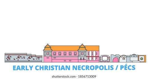 Hungary, Pecs, Early Christian Necropolis line cityscape, flat vector. Travel city landmark, oultine illustration, line world icons