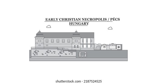 Hungary, Pecs, Early Christian Necropolis city skyline isolated vector illustration, icons