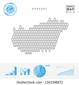 Hungary People Icon Map. People Crowd in the Shape of a Map of Hungary. Stylized Silhouette of Hungary. Population Growth and Aging Infographic Elements. Vector Illustration Isolated on White.