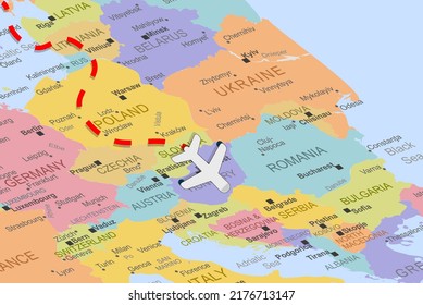Hungría con avión y línea discontinua en el mapa de europa, cerrar Hungría, concepto de vacaciones y viaje por carretera, destino fijado, idea de viaje, mapa colorido con icono de ubicación, vista superior