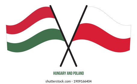 Hungary and Poland Flags Crossed And Waving Flat Style. Official Proportion. Correct Colors.