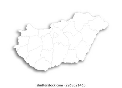 Hungary political map of administrative divisions - counties and autonomous city of Budapest. Flat white blank map with thin black outline and dropped shadow.