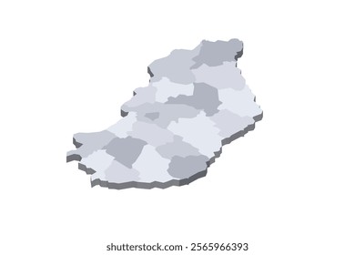 Hungary political map of administrative divisions - counties and autonomous city of Budapest. 3D isometric blank vector map in shades of grey.