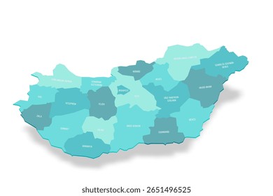 Mapa político da Hungria de divisões administrativas - condados e cidade autônoma de Budapeste. Mapa de vetor turquesa 3D com rótulos de nome.