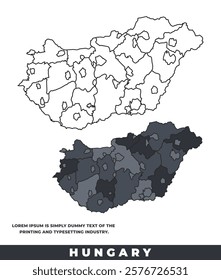 Hungary political regions black color outline map set