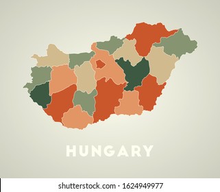 Hungary poster in retro style. Map of the country with regions in autumn color palette. Shape of Hungary with country name. Classy vector illustration.