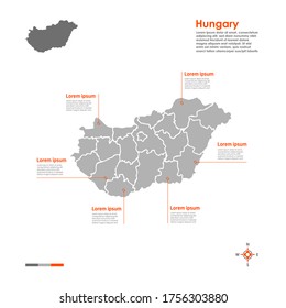 Mapa vectorial de regiones de Hungría sobre fondo blanco.