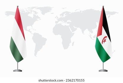Hungary and Sahrawi Arab Democratic Republic flags for official meeting against background of world map.