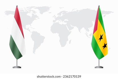 Hungary and Sao Tome and Principe flags for official meeting against background of world map.