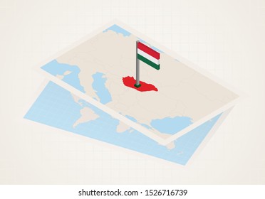 Hungary selected on map with isometric flag of Hungary. Vector paper map.