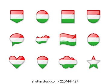 Hungary - set of shiny flags of different shapes. Vector illustration