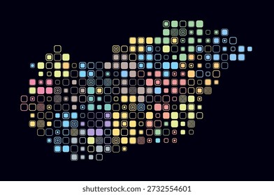 Hungary, shape of the country build of colored cells. Digital style map of the Hungary on dark background. Large size rounded square blocks. Awesome vector illustration.