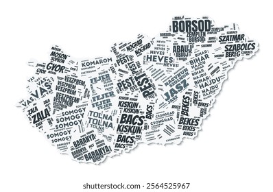 Hungary shape text cloud. Country border with shadow on white background. Hungary with regions division in vintage gazette style. Modern vector illustration.